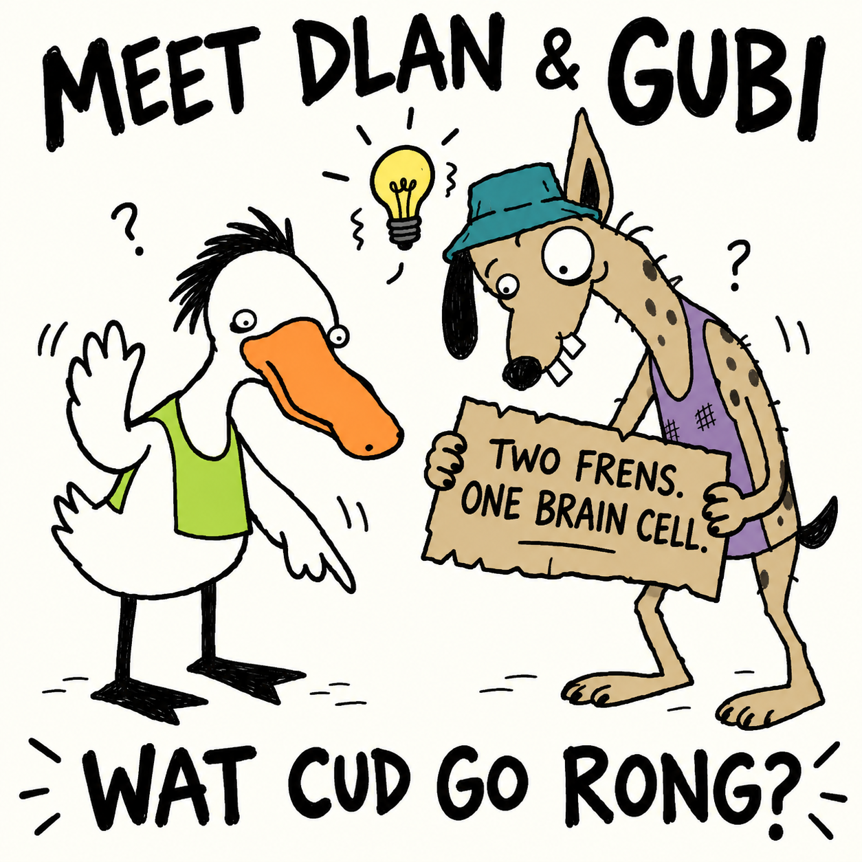 DLAN and GUBI staring at a mysterious gold coin